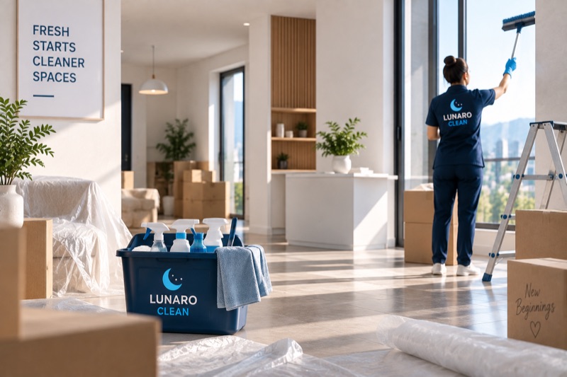 LUNARO CLEAN-ის თანამშრომელი რემონტის შემდგომ სივრცეს ალაგებს